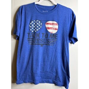 Love in Faith Women Talk To Me Jesus Patriotic Graphic Tee Blue L